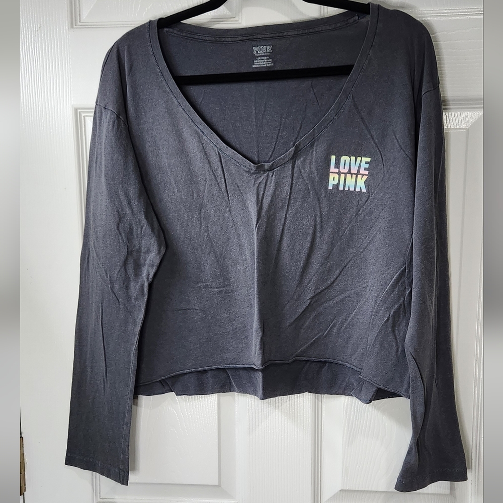 Pink by VS grey long sleeve crop top women's size Large